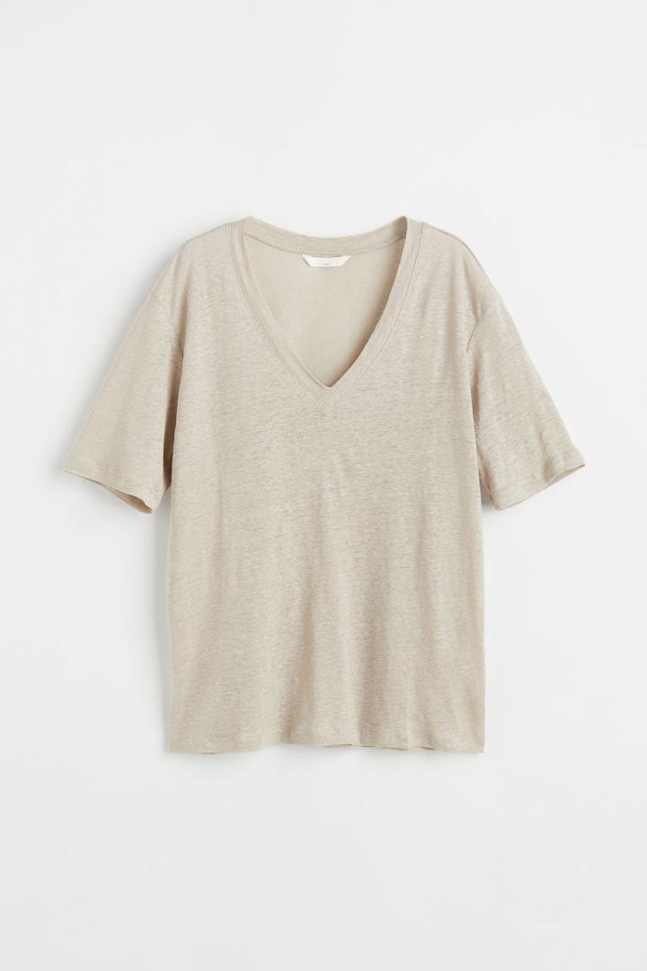 H & M - V-neck Linen Jersey T-shirt - Brown