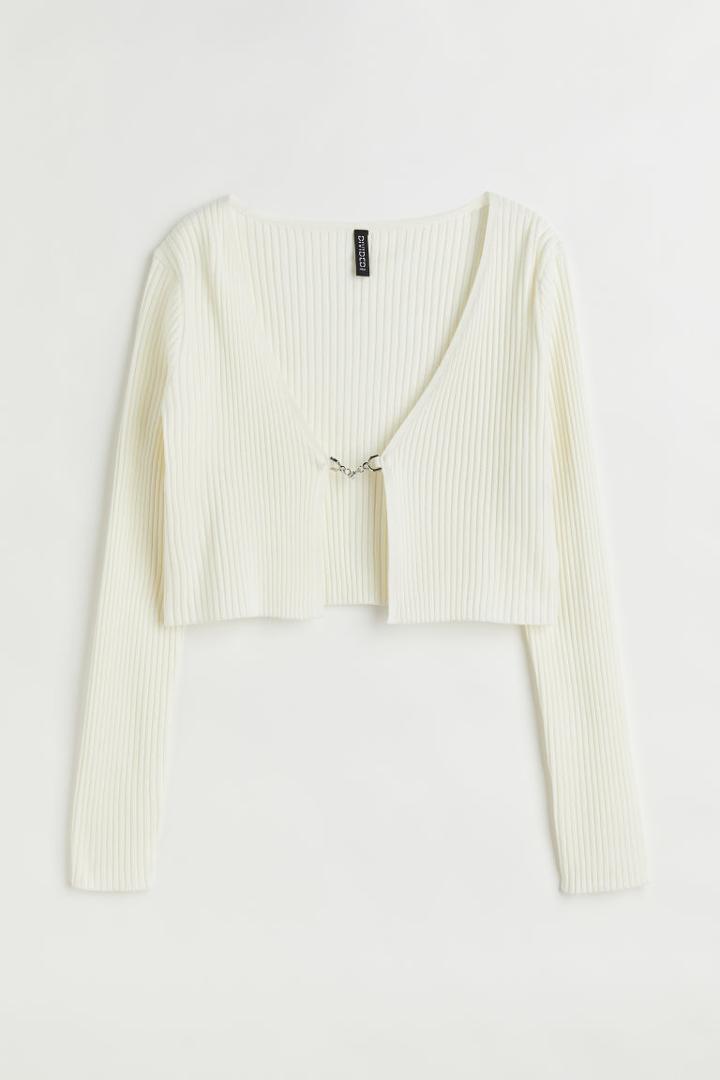 H & M - Rib-knit Crop Cardigan - White