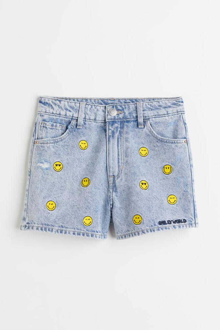 H & M - Embroidered Denim Shorts - Turquoise