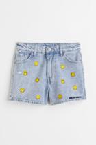 H & M - Embroidered Denim Shorts - Turquoise