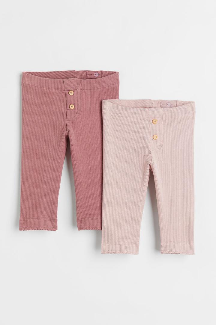 H & M - 2-pack Ribbed Leggings - Pink