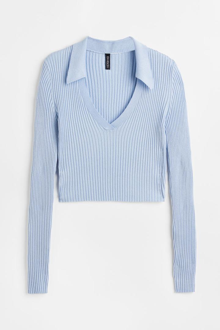 H & M - Collared Rib-knit Top - Blue