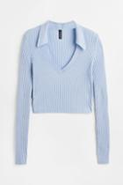 H & M - Collared Rib-knit Top - Blue