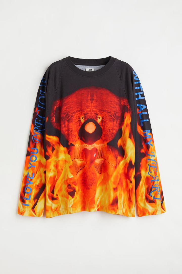 H & M - Oversized Printed Jersey Top - Black