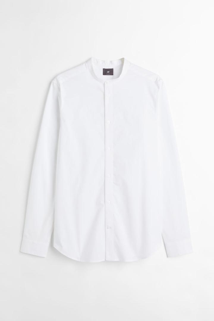 H & M - Muscle Fit Band-collar Shirt - White