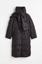 H & M - Quilted Coat With Scarf - Black