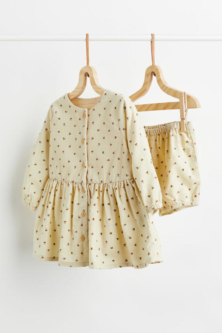 H & M - Cotton Corduroy Dress And Puff Pants - Beige