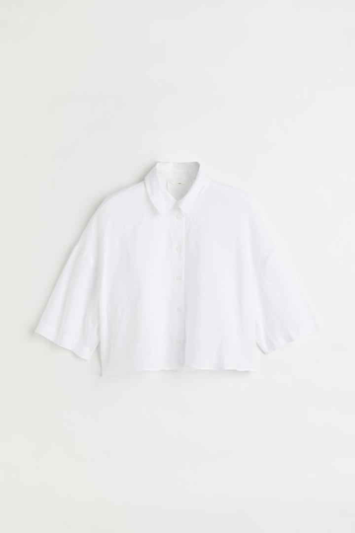H & M - Linen Crop Shirt - White