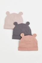 H & M - 3-pack Ribbed Hats With Ears - Pink