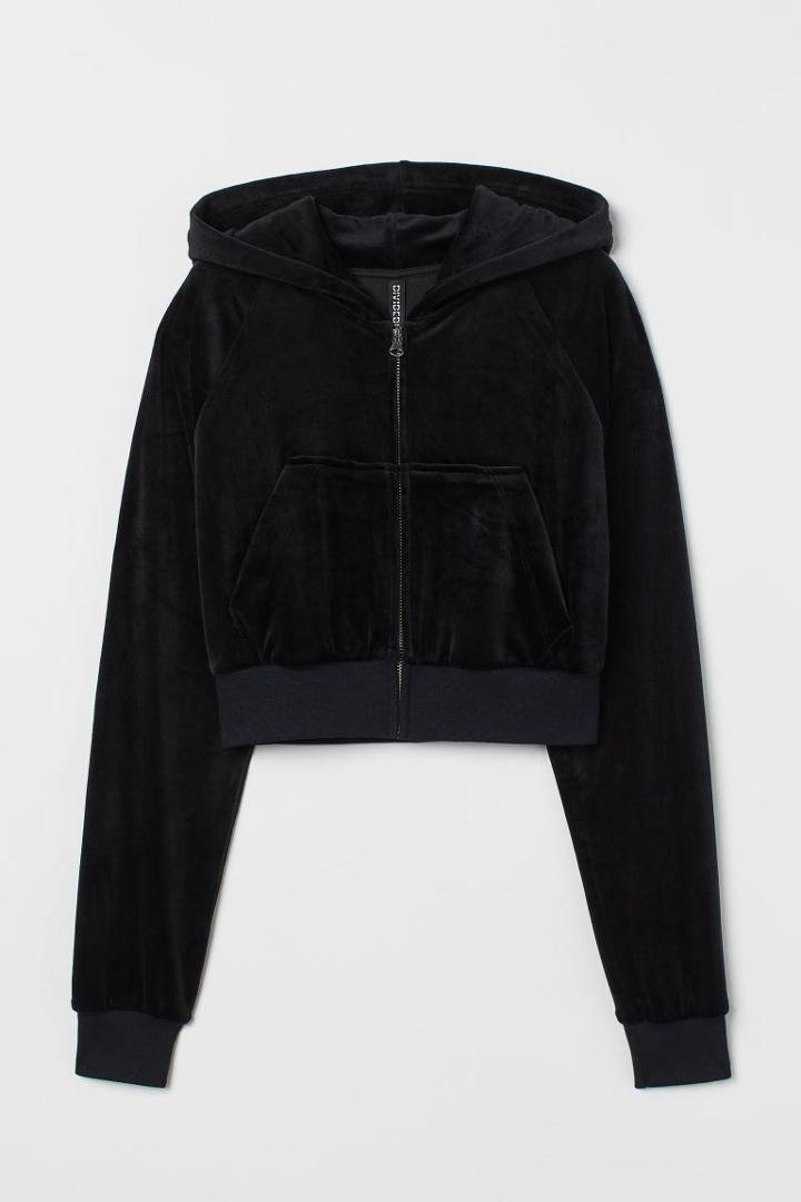 H & M - Velour Crop Hoodie - Black