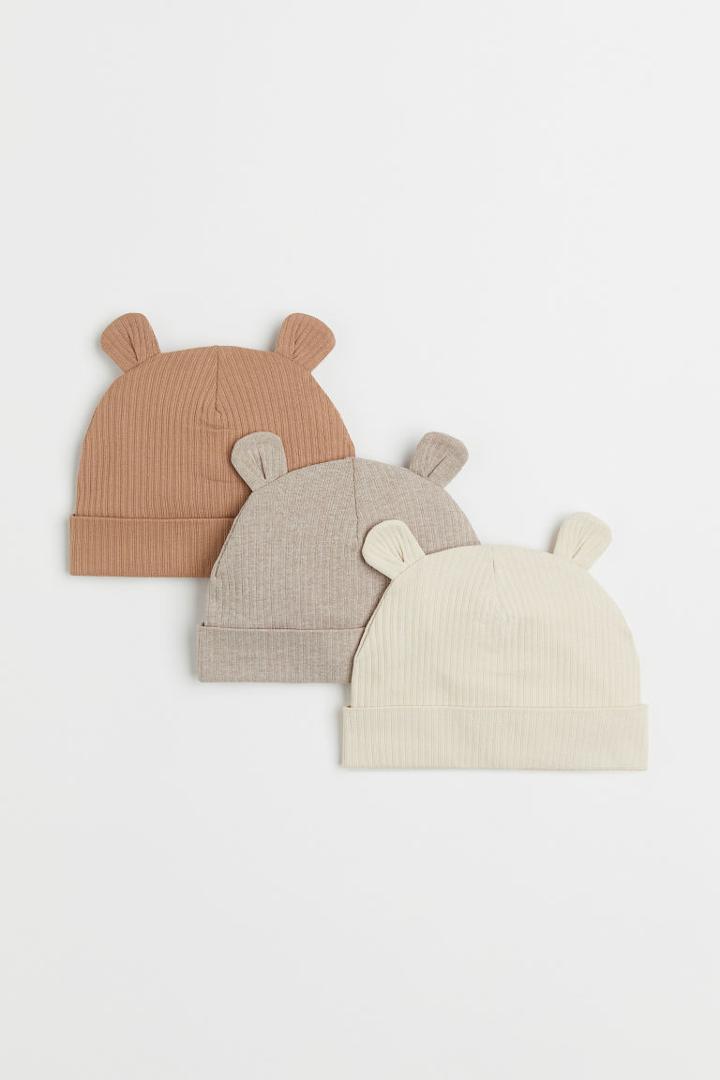 H & M - 3-pack Ribbed Hats With Ears - Beige