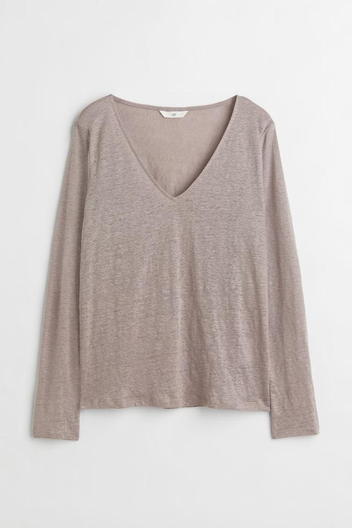 H & M - Long-sleeved Linen Jersey Top - Brown