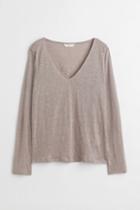 H & M - Long-sleeved Linen Jersey Top - Brown