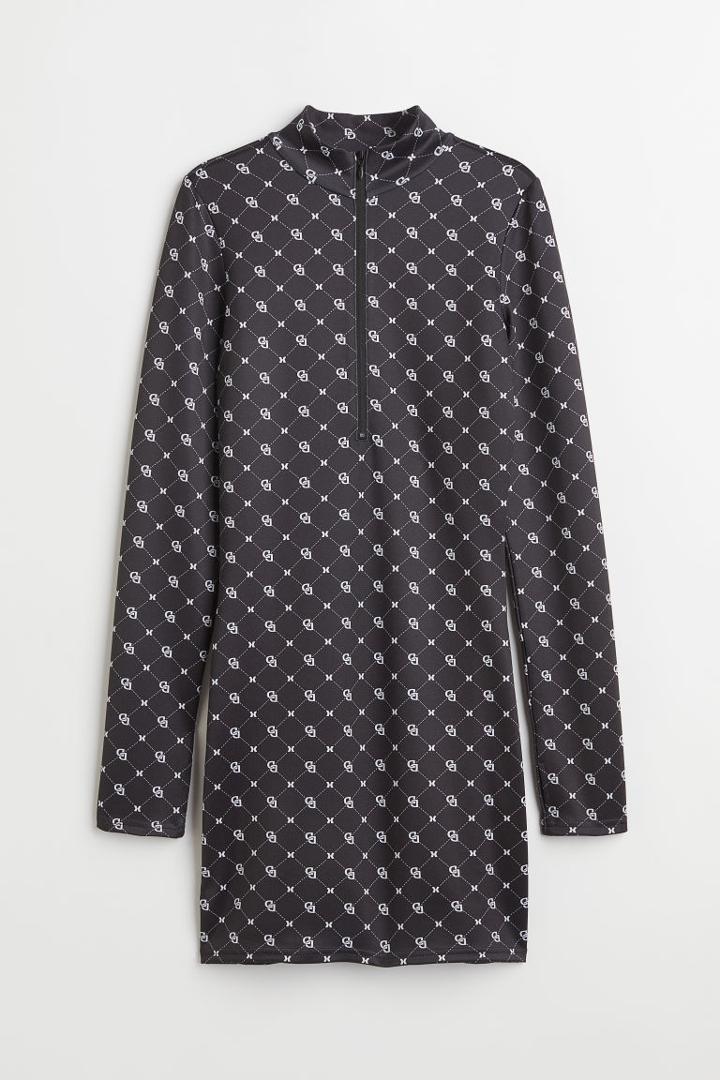 H & M - Monogram-patterned Fitted Dress - Black