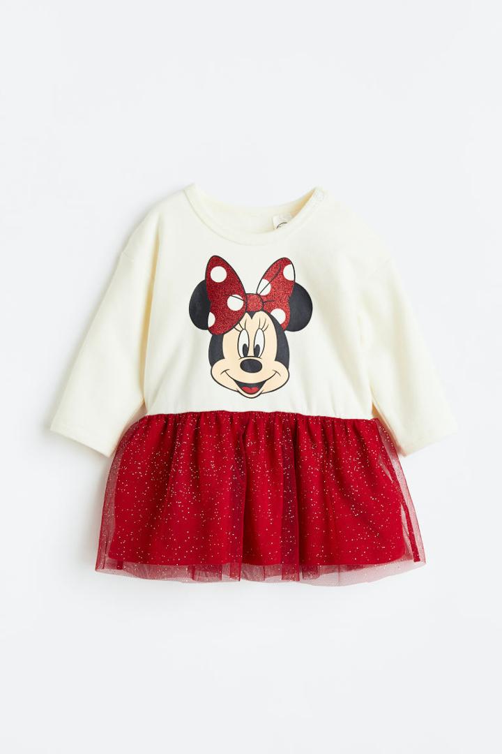 H & M - Printed Tulle-skirt Dress - White