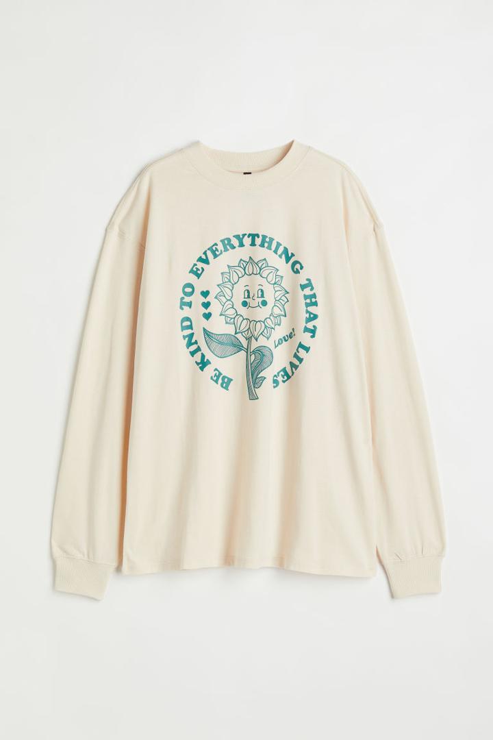 H & M - Long-sleeved Printed Top - Beige