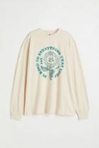 H & M - Long-sleeved Printed Top - Beige