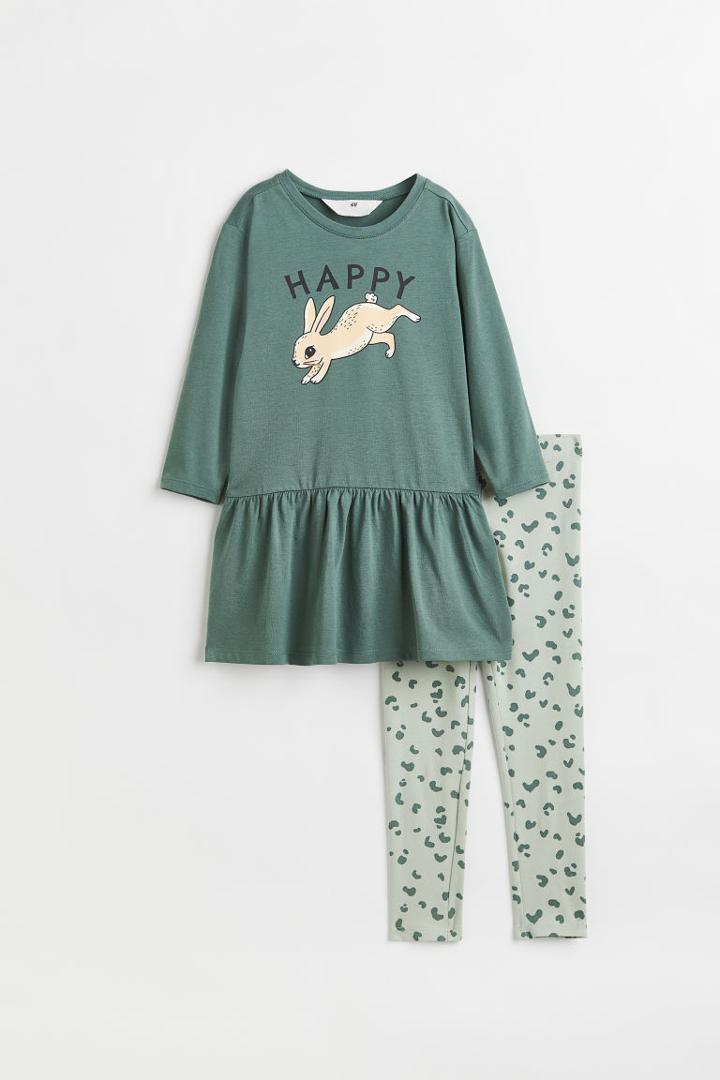 H & M - 2-piece Printed Cotton Jersey Set - Green