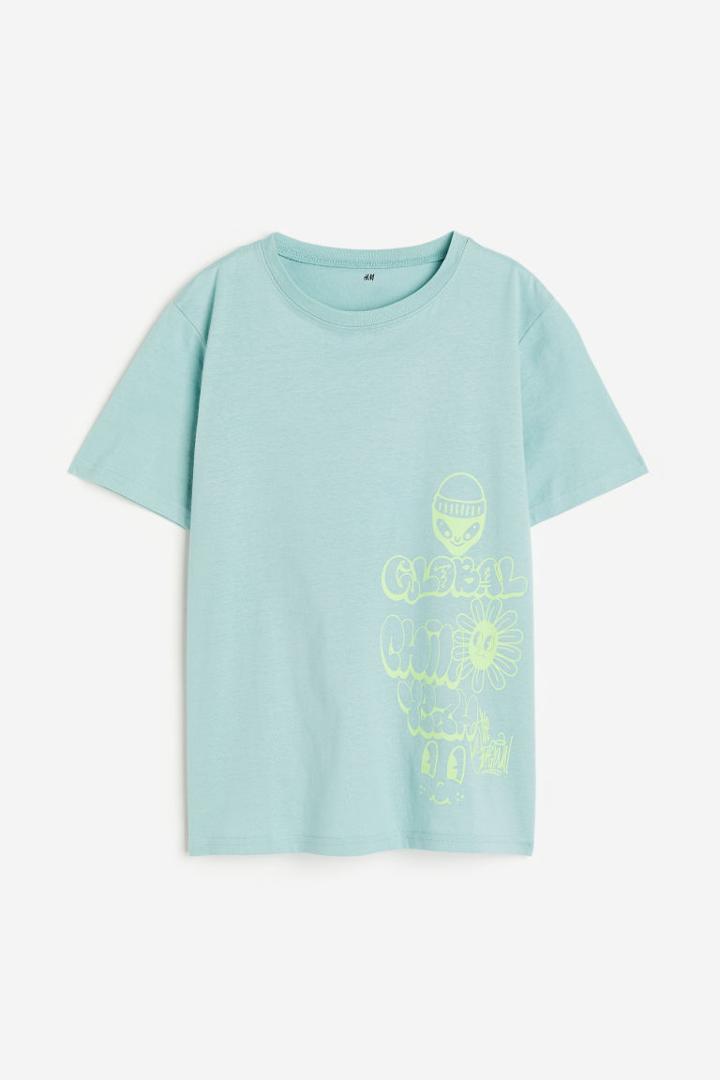 H & M - Printed Cotton T-shirt - Turquoise
