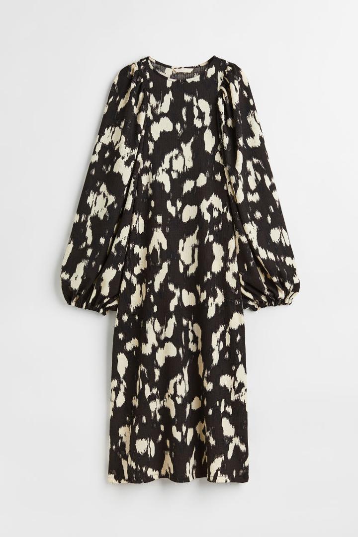 H & M - Patterned Balloon-sleeved Dress - Gray