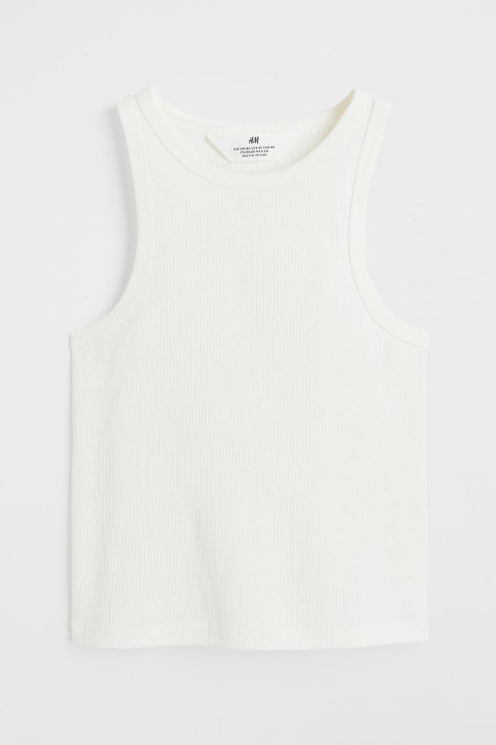 H & M - Ribbed Cotton Tank Top - White