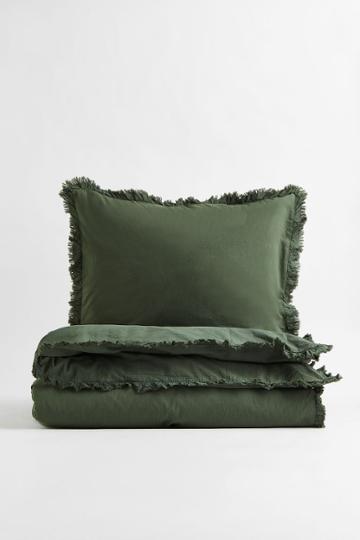 H & M - Ruffle-trimmed Twin Duvet Cover Set - Green