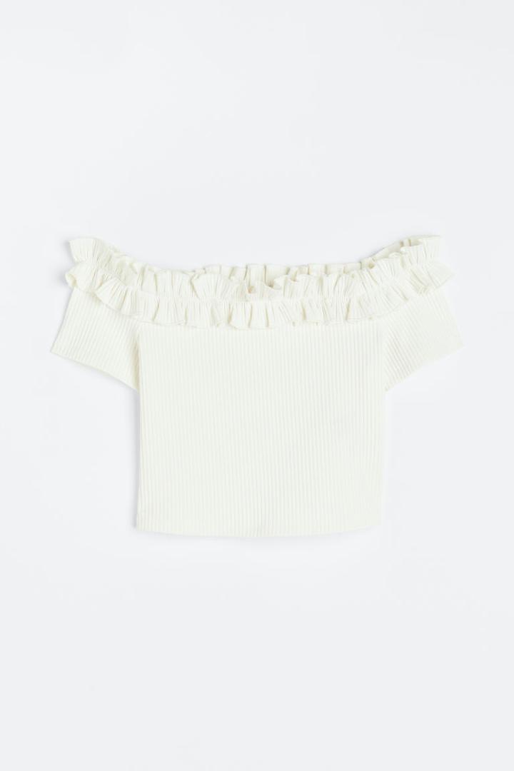 H & M - Ruffle-trimmed Off-the-shoulder Top - White