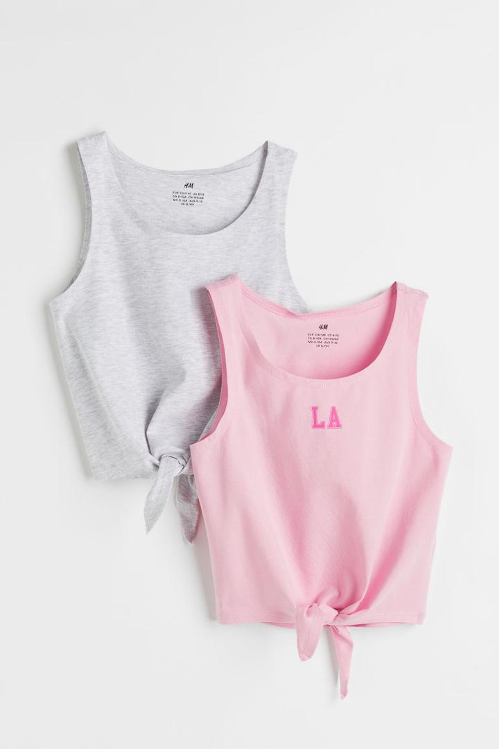 H & M - 2-pack Tie-hem Jersey Tops - Pink