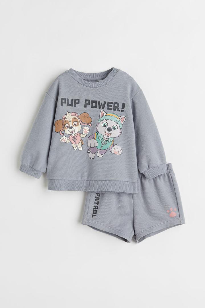 H & M - 2-piece Printed Sweatshirt Set - Gray