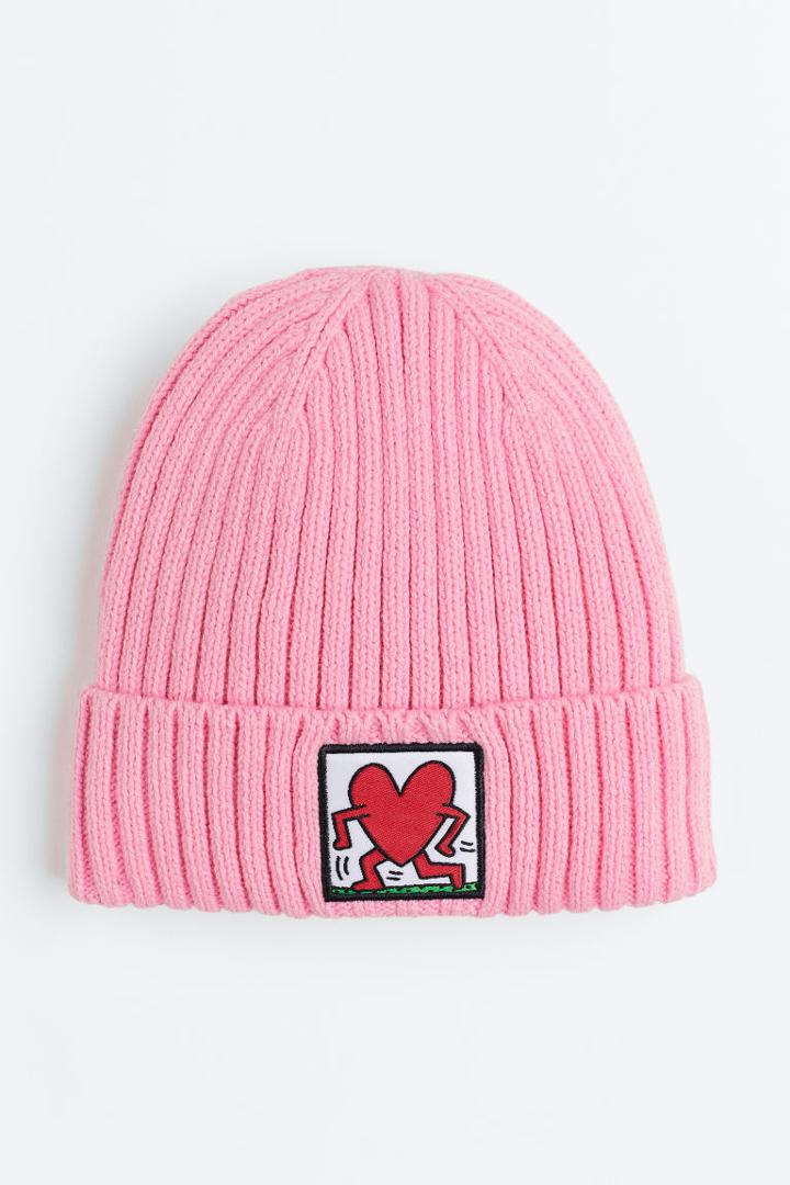 H & M - Appliqud Rib-knit Hat - Pink