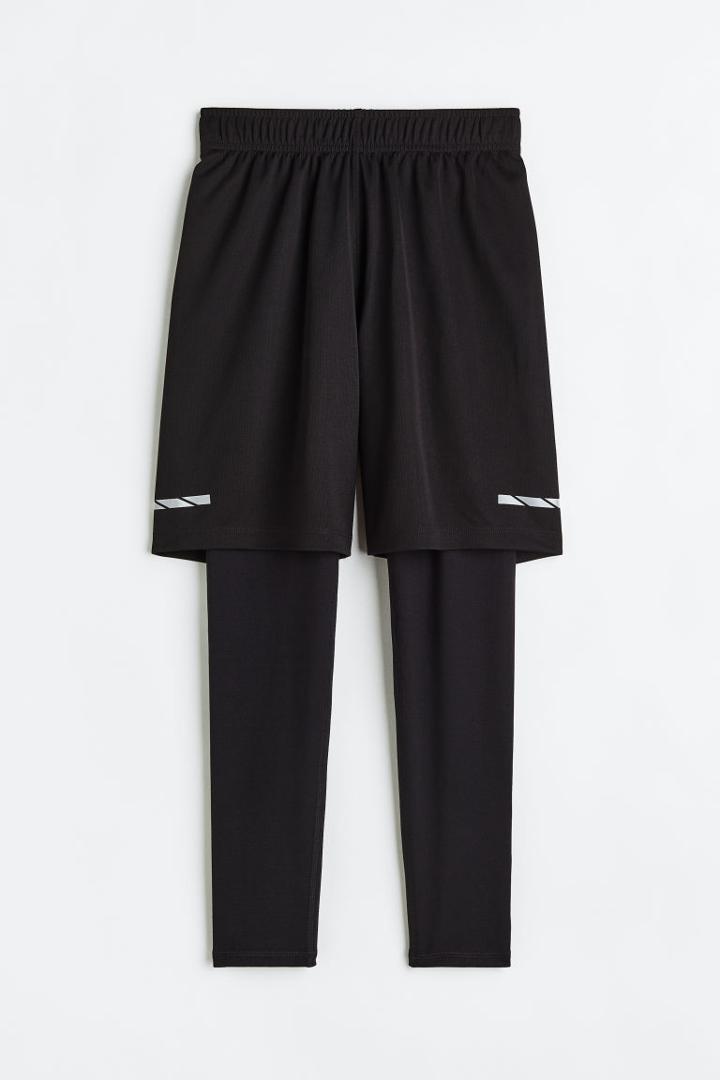 H & M - Reflective Sports Tights With Shorts In Drymove&trade; - Black