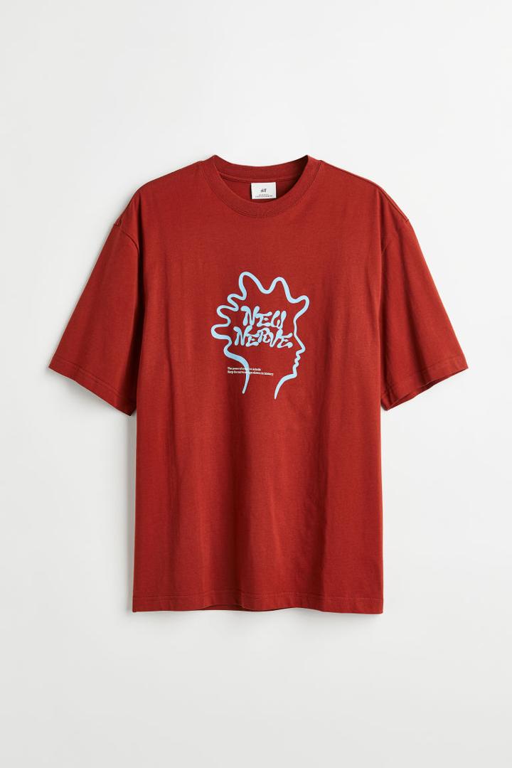 H & M - Relaxed Fit Printed T-shirt - Red