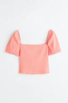 H & M - Puff-sleeved Ribbed Top - Orange