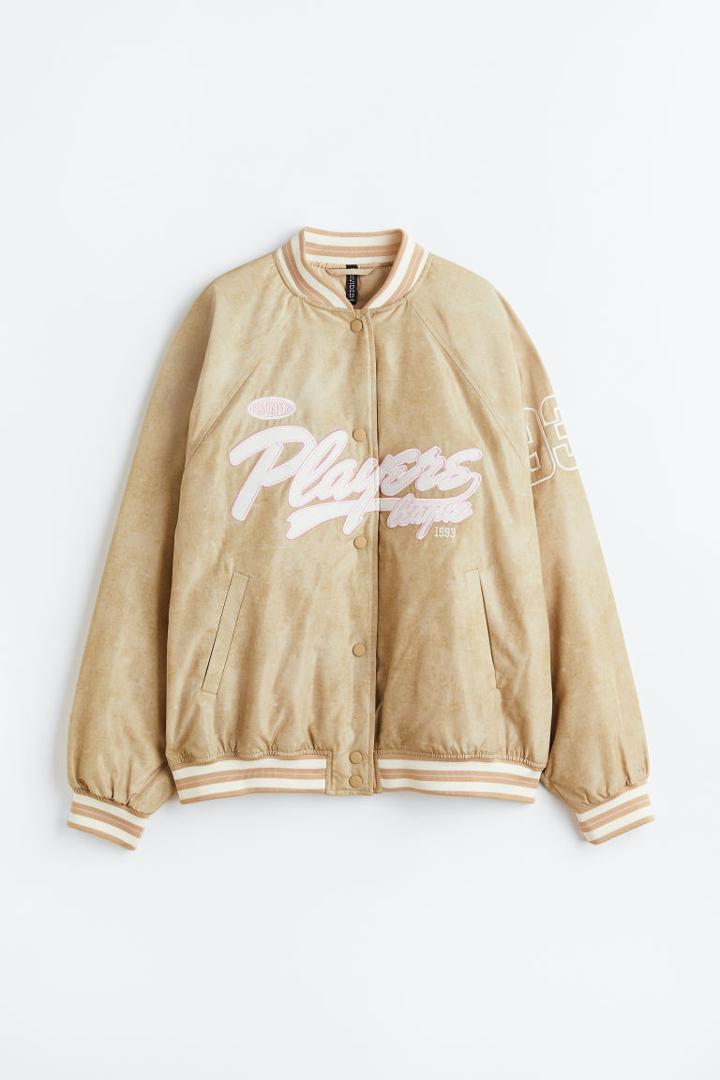 H & M - Embroidered Baseball Jacket - Beige