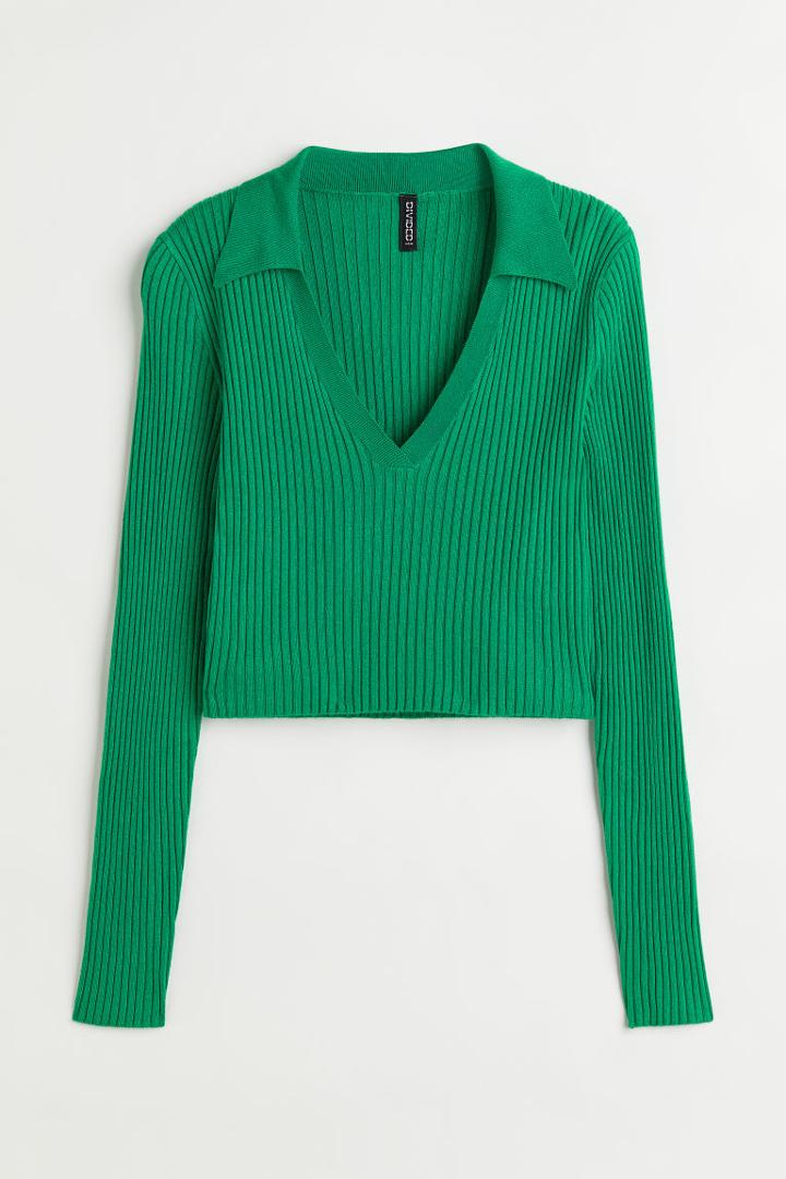 H & M - Collared Rib-knit Top - Green