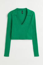 H & M - Collared Rib-knit Top - Green