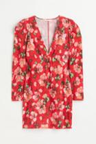 H & M - Patterned Puff-sleeved Dress - Red