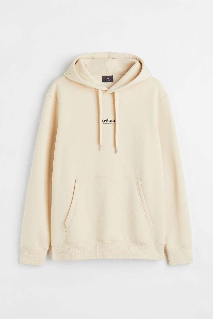 H & M - Regular Fit Printed Hoodie - Beige