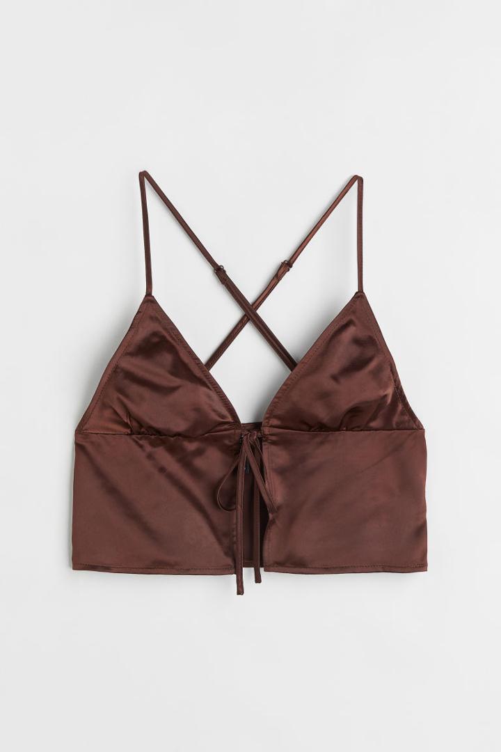H & M - Tie-detail Satin Top - Brown