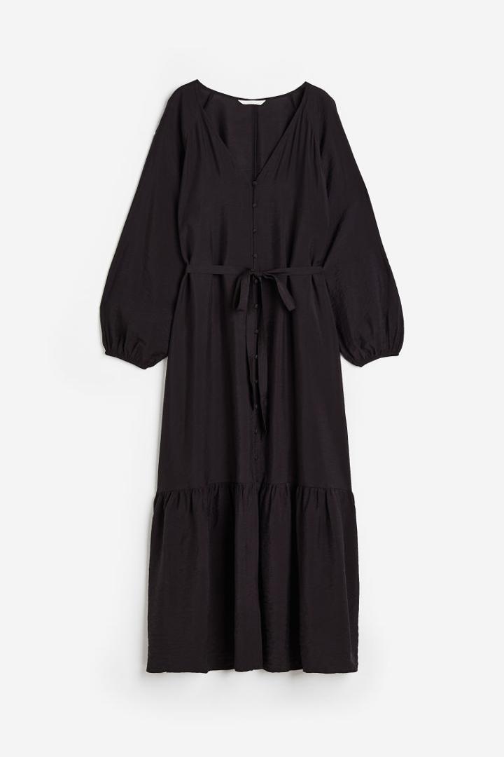 H & M - Tie-belt Button-front Dress - Black