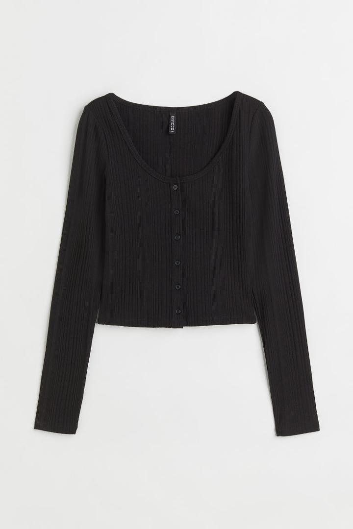 H & M - Button-front Ribbed Top - Black