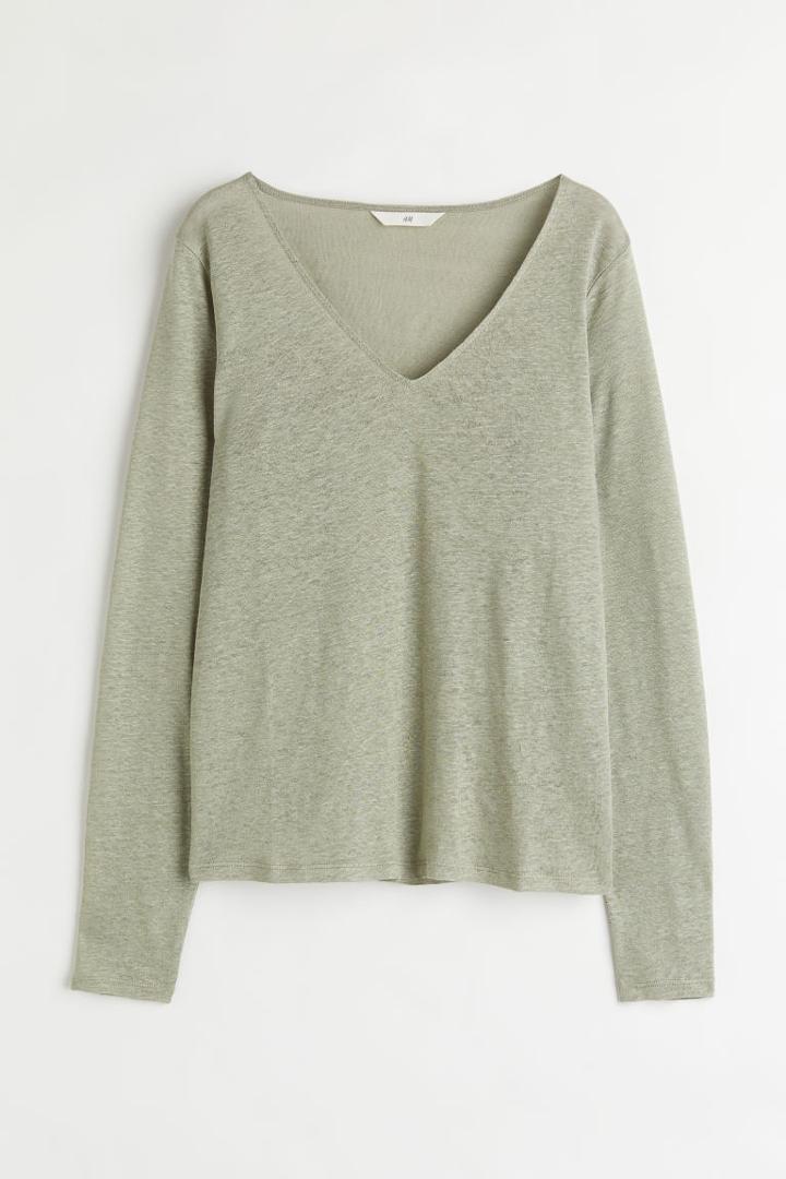 H & M - Long-sleeved Linen Jersey Top - Green