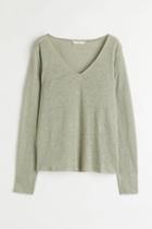 H & M - Long-sleeved Linen Jersey Top - Green