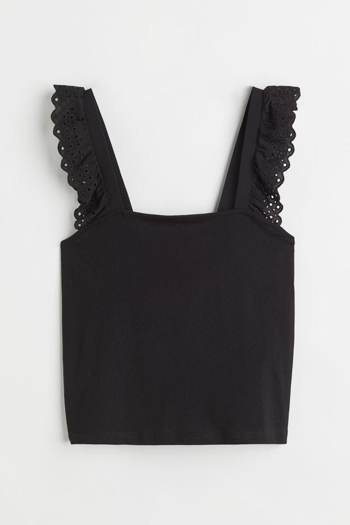H & M - Flounce-trimmed Cotton Top - Black