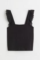 H & M - Flounce-trimmed Cotton Top - Black
