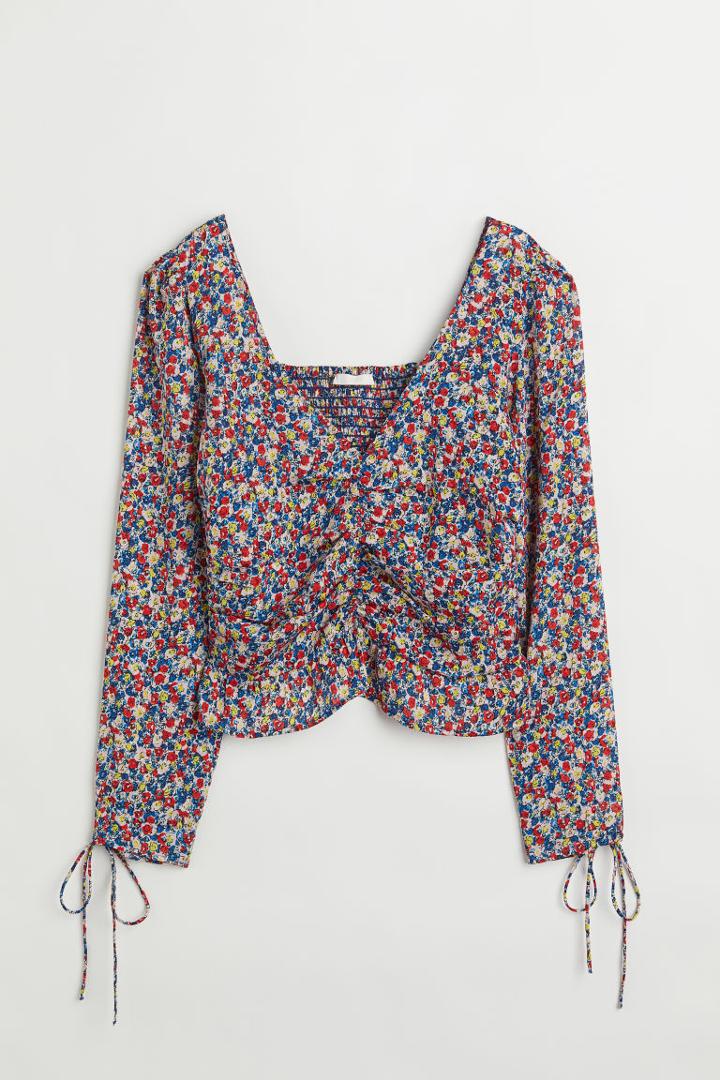 H & M - Puff-sleeved Peplum Blouse - Gray