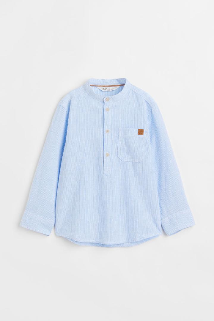 H & M - Linen-blend Henley Shirt - Blue