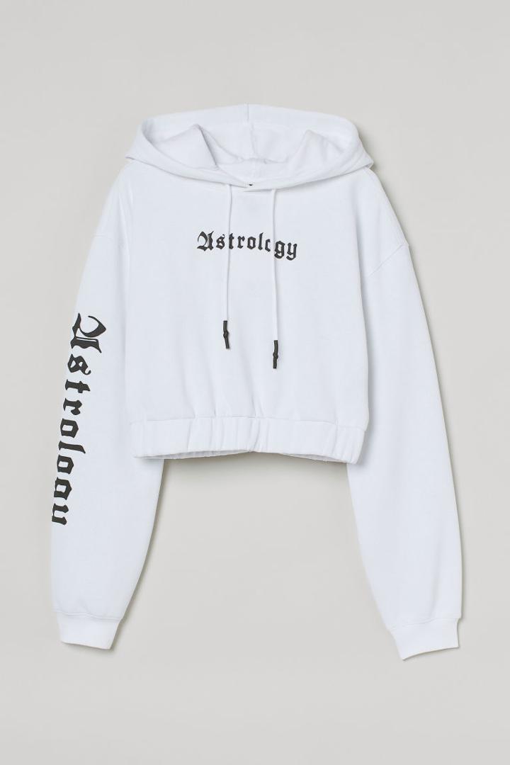 H & M - Printed Crop Hoodie - White