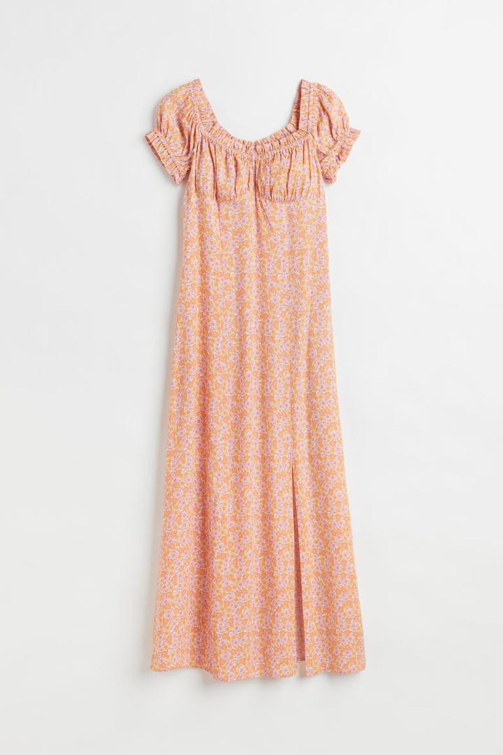H & M - Floral Puff-sleeved Dress - Pink