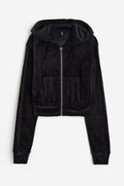 H & M - Hooded Velour Crop Jacket - Black